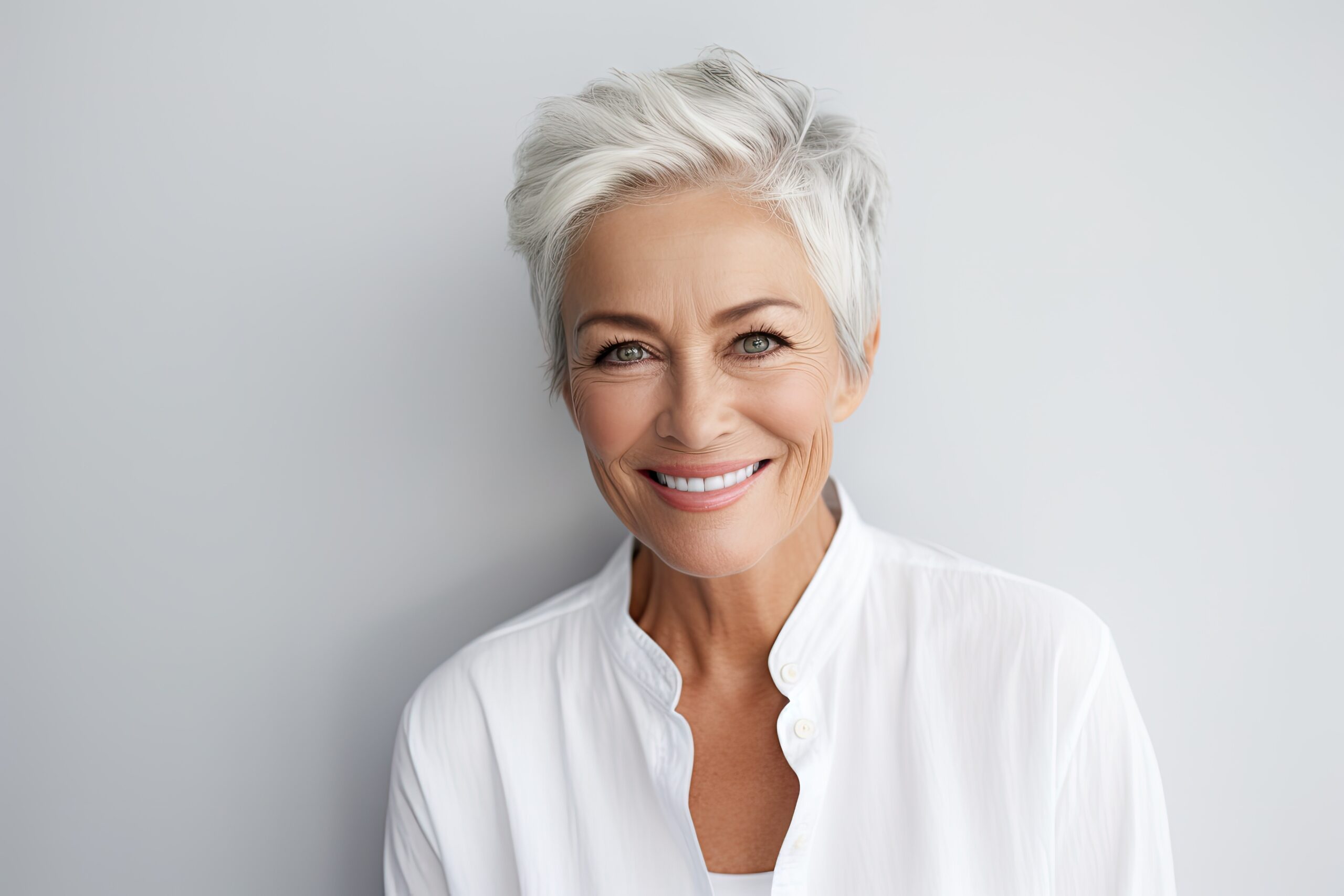 Middle-aged woman smiling with white hair